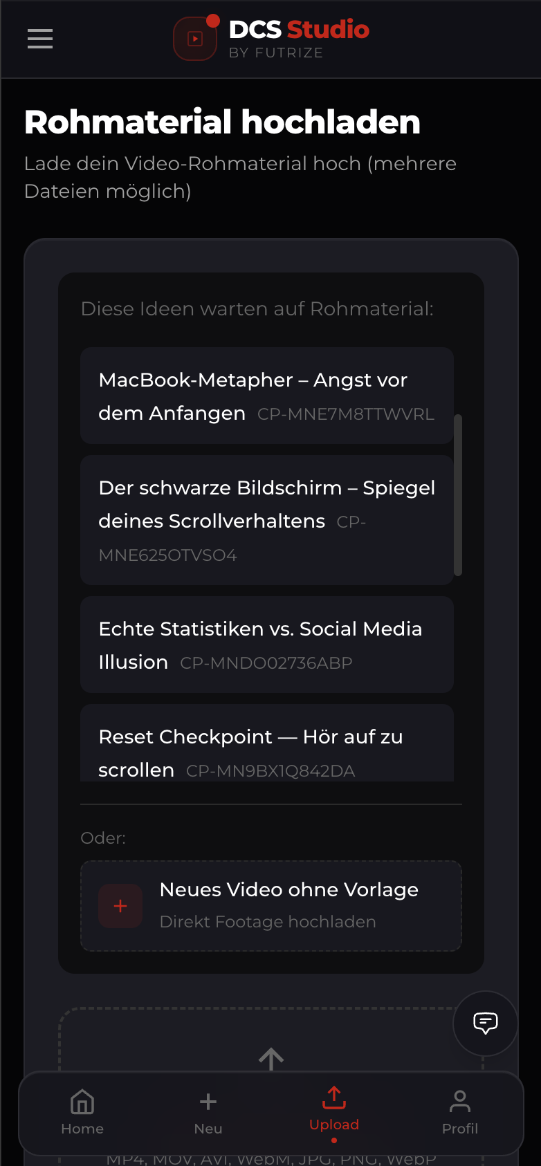 DCS Studio Mobile - Rohmaterial hochladen