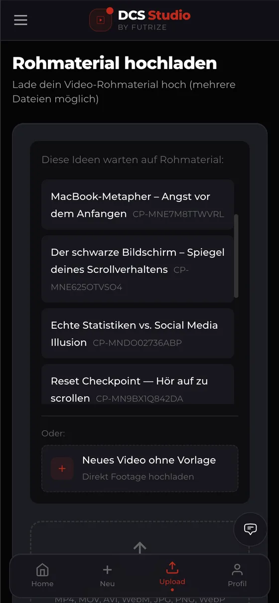 DCS Studio auf dem Handy: Rohmaterial hochladen
