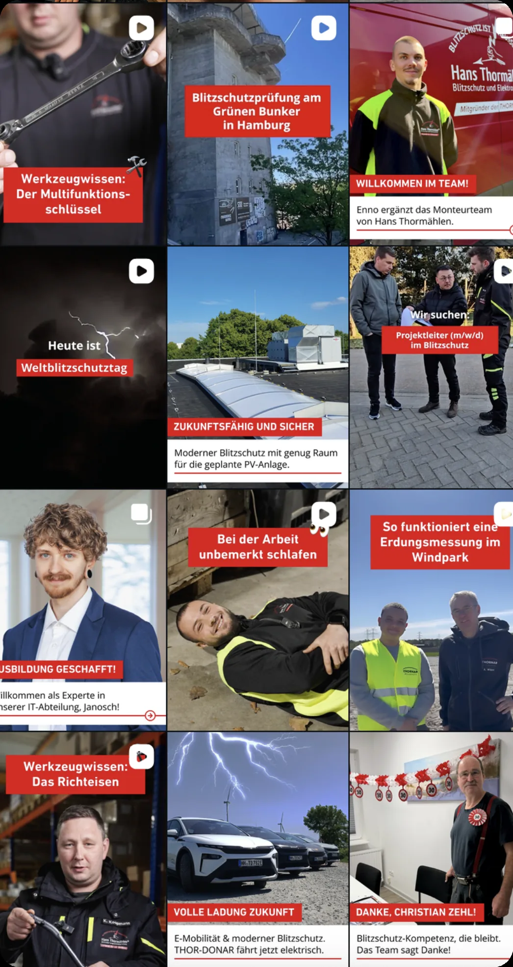 Instagram-Profil von THORNAR mit Reels aus dem Arbeitsalltag