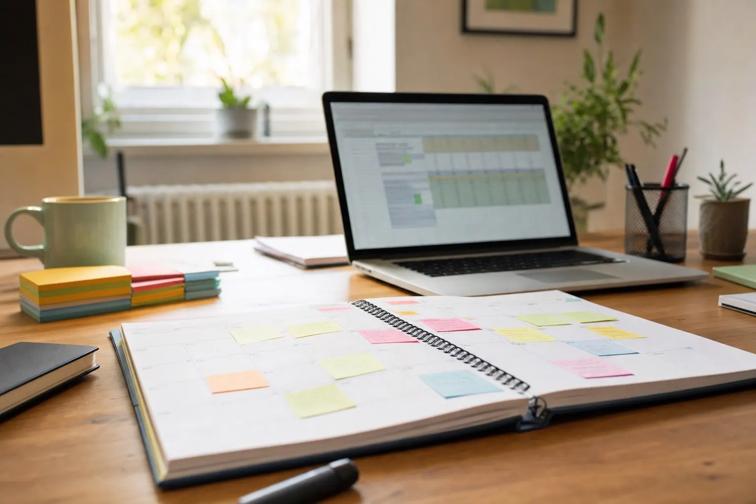 Moderner Schreibtisch mit Redaktionsplan-Kalender und Laptop - Social Media Redaktionsplan 2026