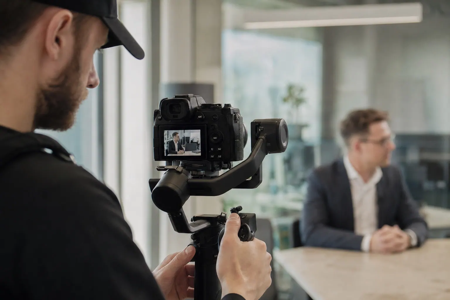 Professional video production set with cinematographer operating camera, behind the scenes