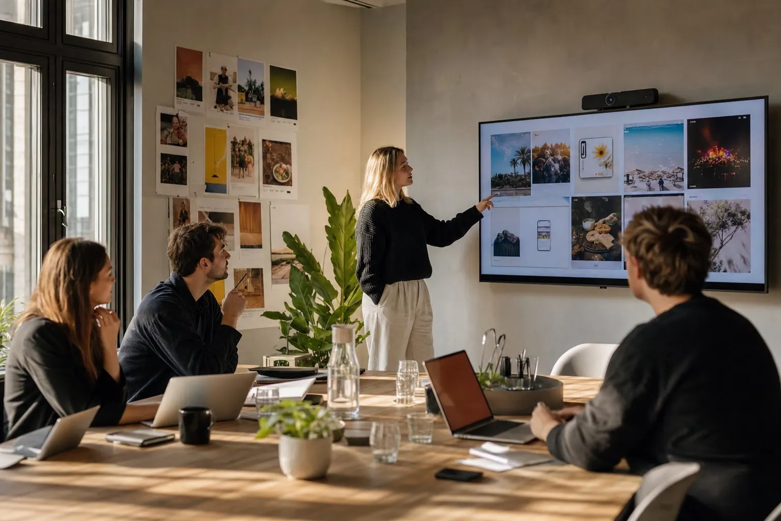 Modern agency conference room with team reviewing social media campaign mockups