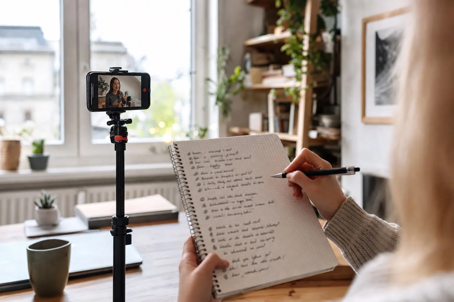 Close-up of person filming smartphone video with notebook full of handwritten hook ideas