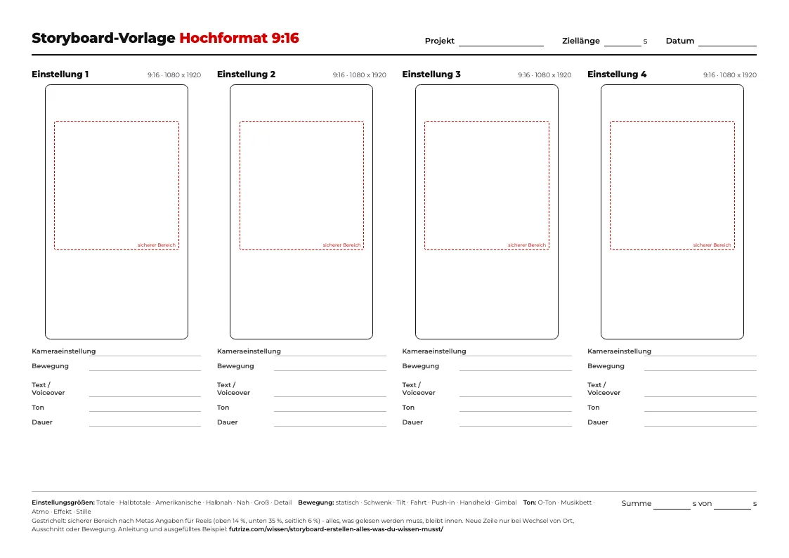 Erste Seite der Storyboard-Vorlage: vier Kästchen im Hochformat 9:16 mit gestricheltem sicheren Bereich, darunter Felder für Kameraeinstellung, Bewegung, Text, Ton und Dauer