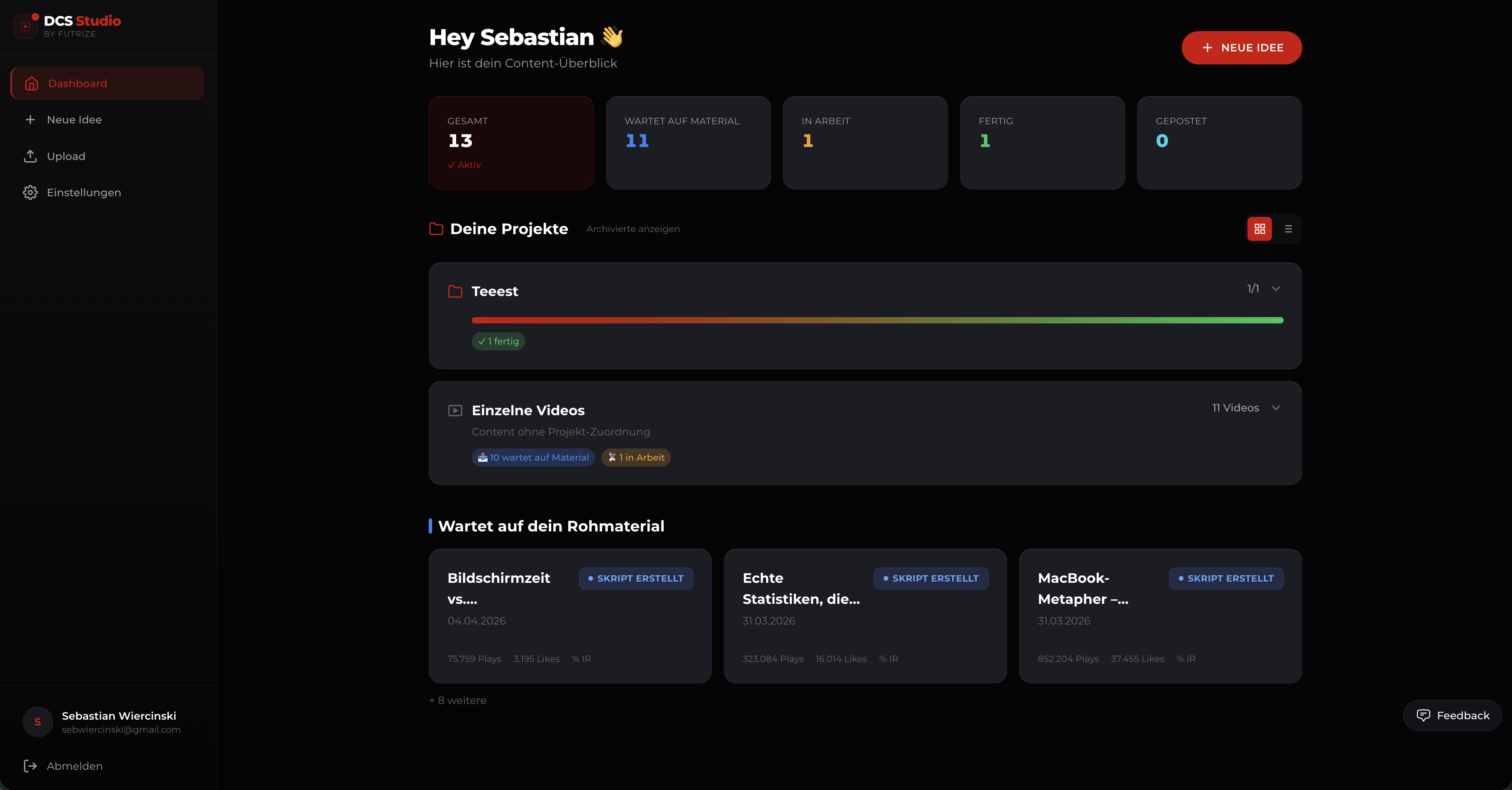 DCS Studio Dashboard - Projekte, Status-Tracking und Video-Warteschlange