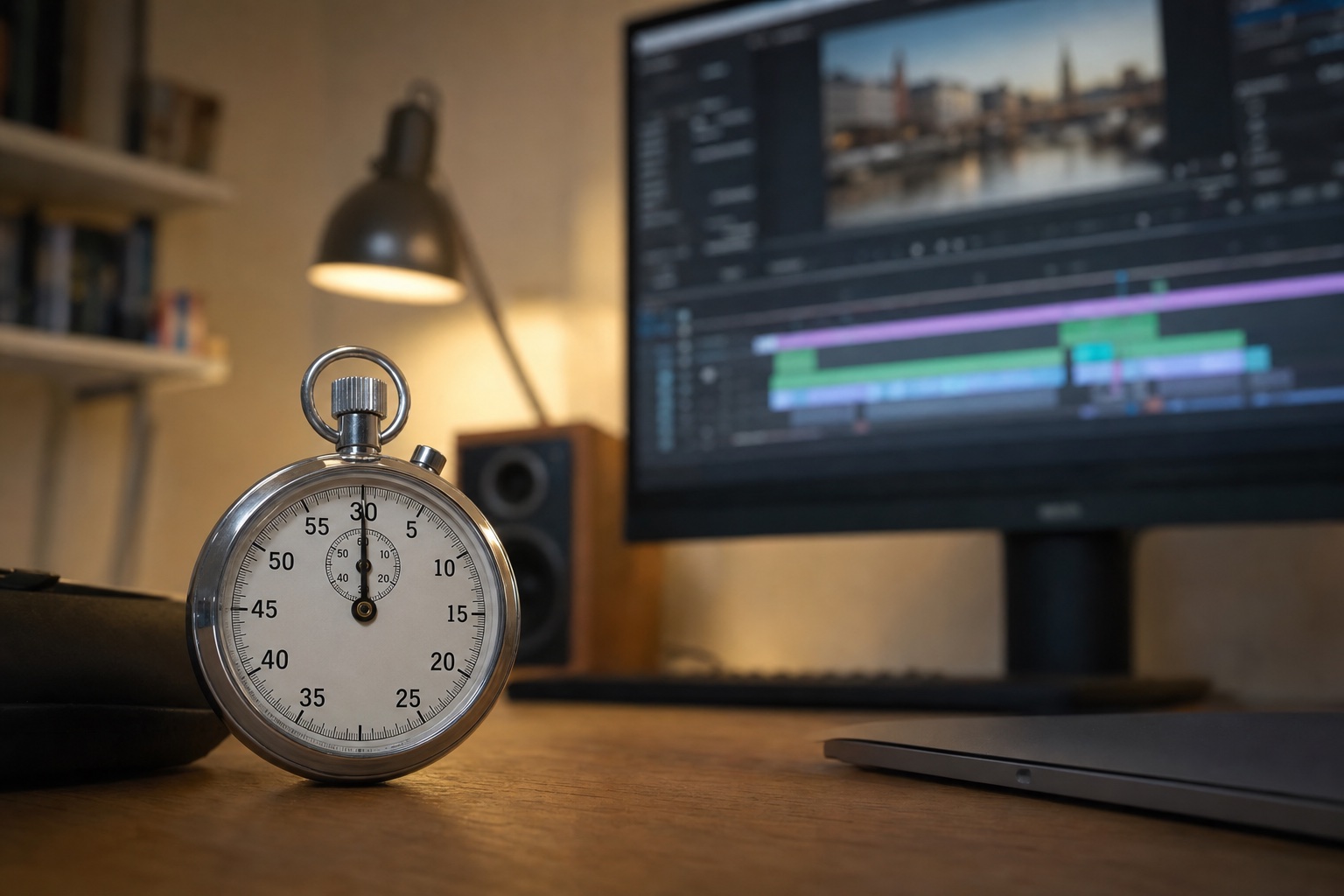 Stopwatch showing 30 seconds next to video editor screen with timeline