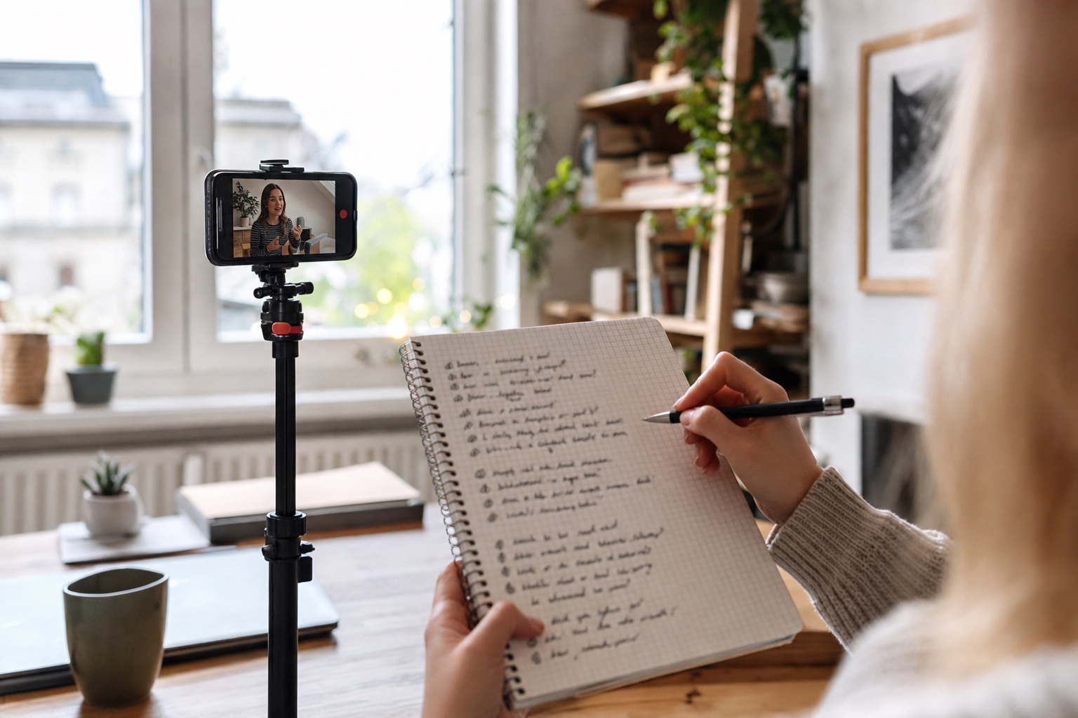 Close-up of person filming smartphone video with notebook full of handwritten hook ideas